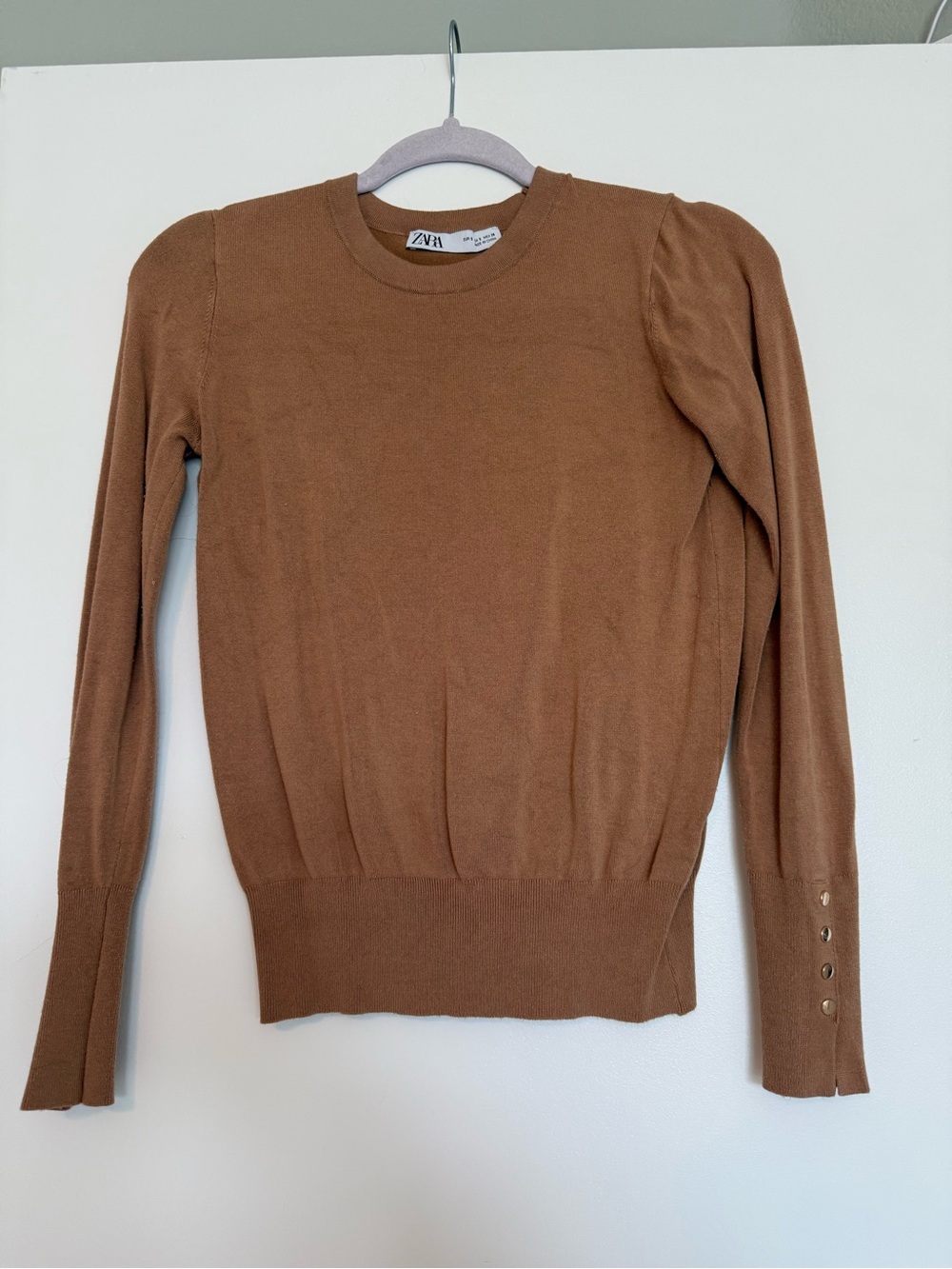 Zara Brown Crewneck Sweater with Button Cuff Detail